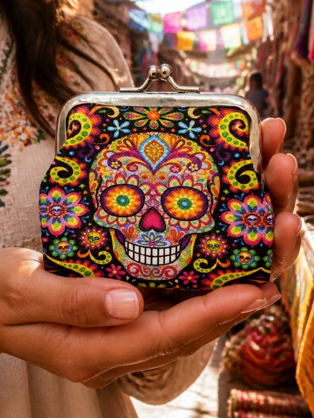 Sugar Skull Coin Purse Kiss Lock Day of the Dead Colorful Skeleton Mini Wallet
